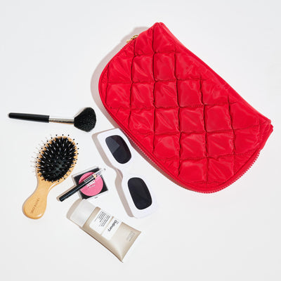 Woman wearing Red Urban Essentials Cloud Kiss - Quilted Puffer Nylon Cosmetic & Travel Organizer Dome Pouch 840611197122 View 1 | Red