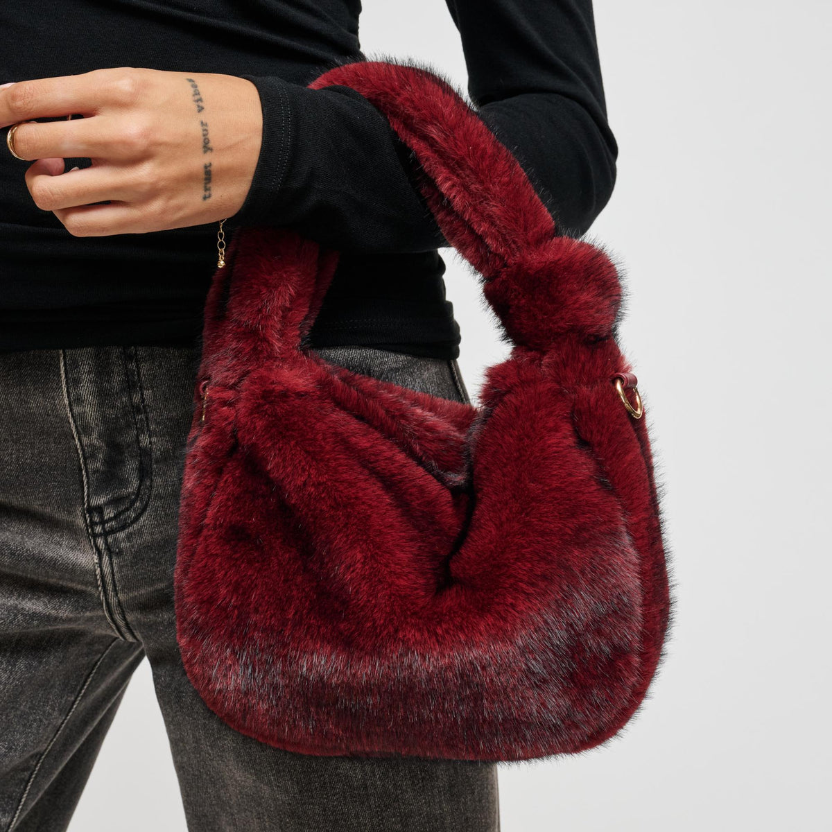 Woman wearing Burgundy Urban Expressions Monica - Faux Fur Crossbody 840611199546 View 1 | Burgundy