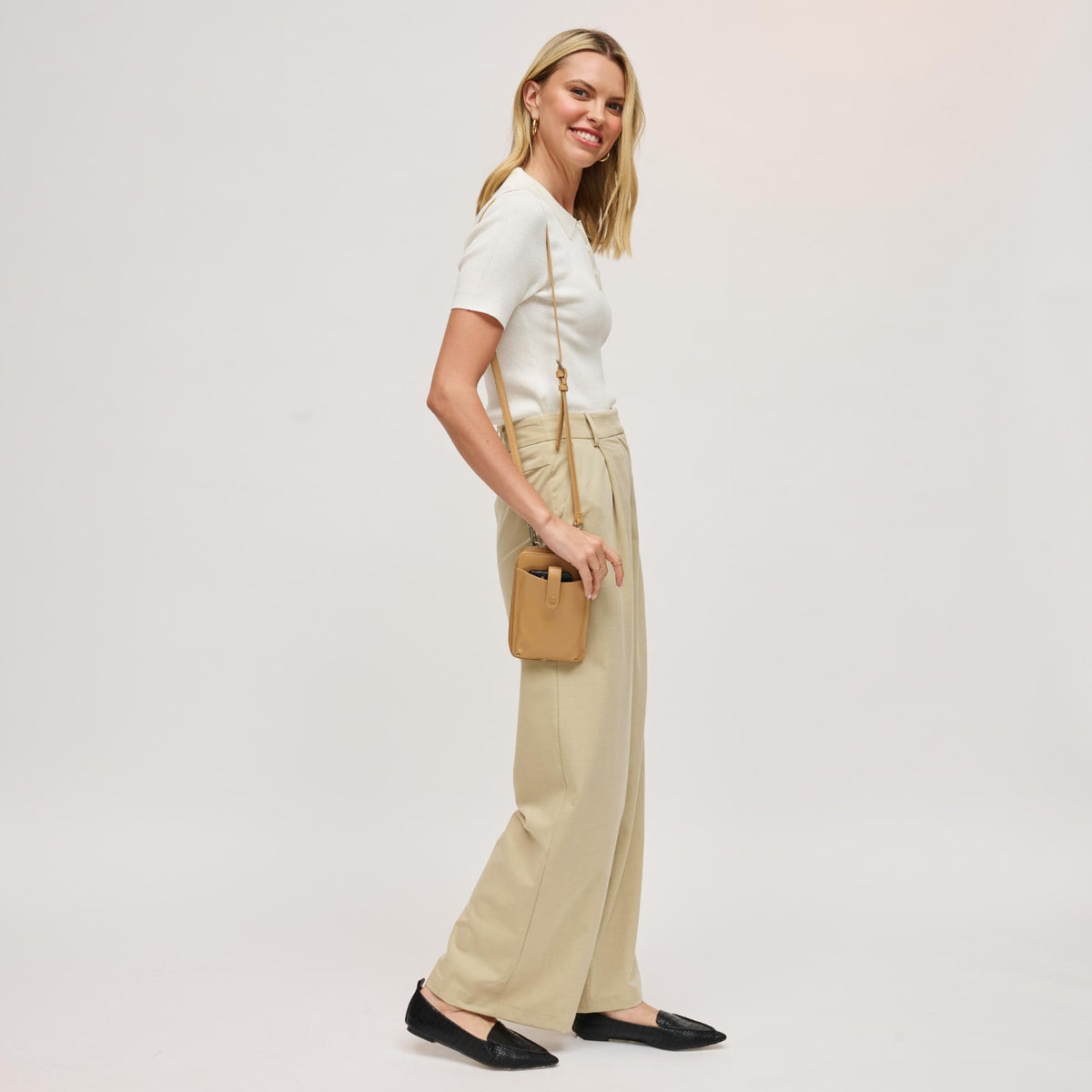Woman wearing Tan Urban Expressions Carol Cell Phone Crossbody 840504201226 View 3 | Tan