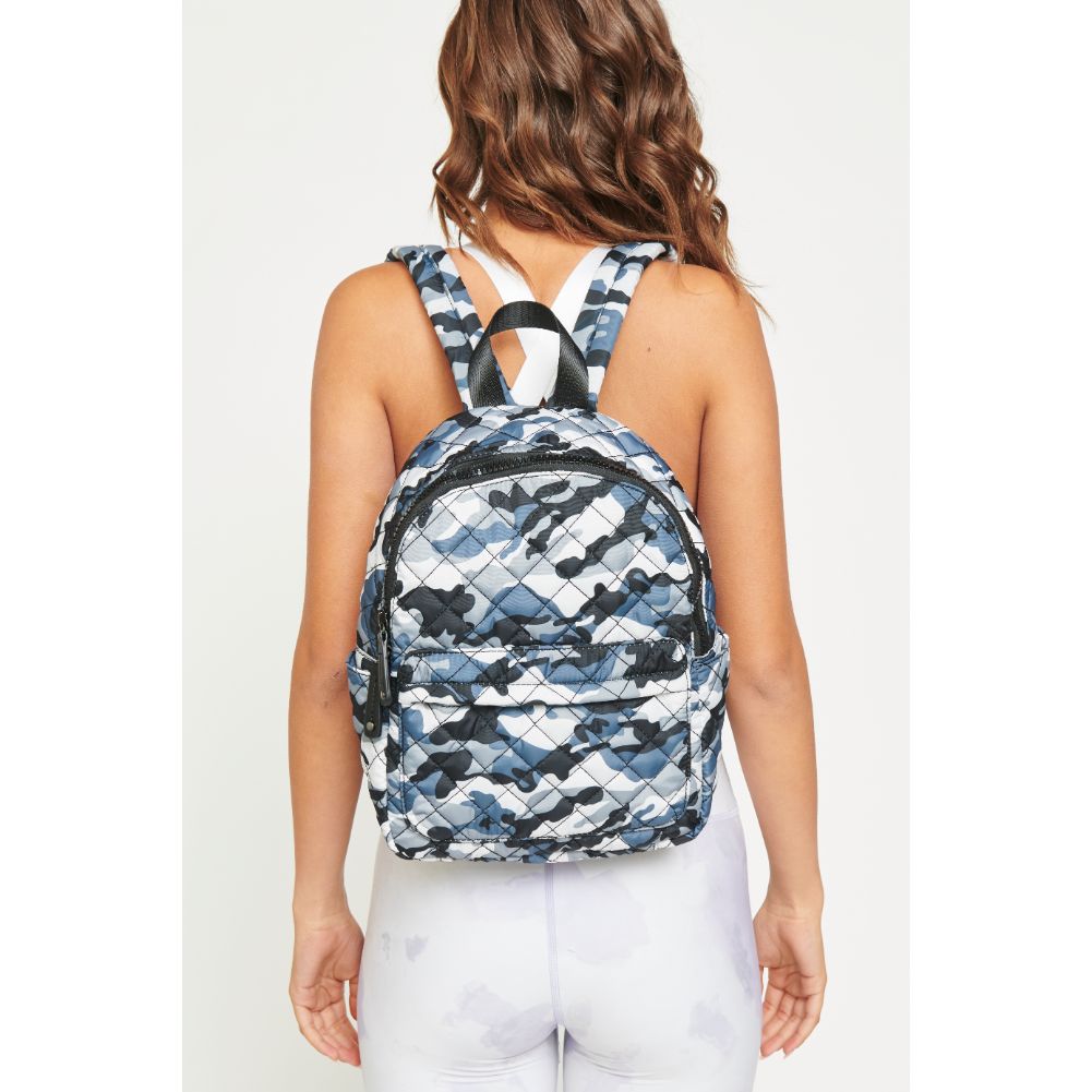 Woman wearing Blue Camo Urban Expressions Swish Backpack 840611175786 View 1 | Blue Camo