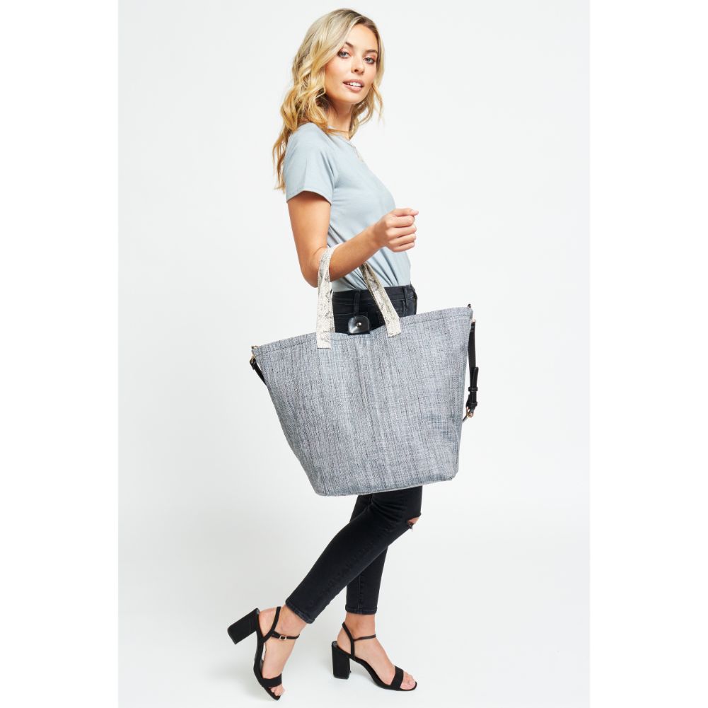 Woman wearing Black White Snake Urban Expressions Maeve Tote 840611181411 View 2 | Black White Snake
