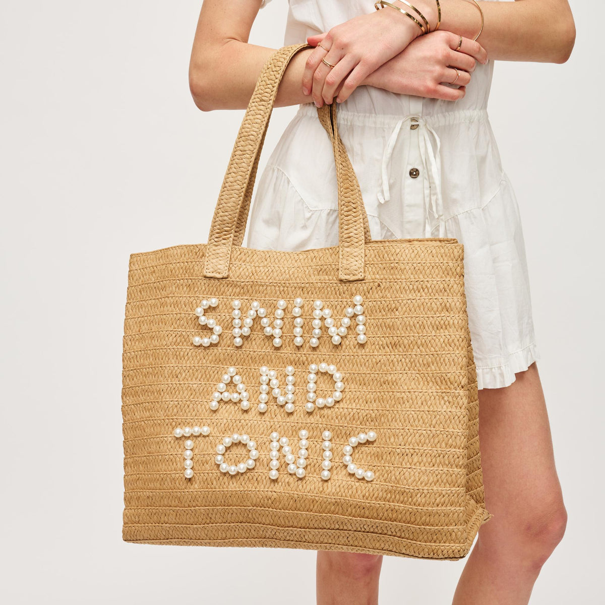 Woman wearing Swim and Tonic Urban Expressions Seaton - Pearls Tote 840611152527 View 1 | Swim and Tonic