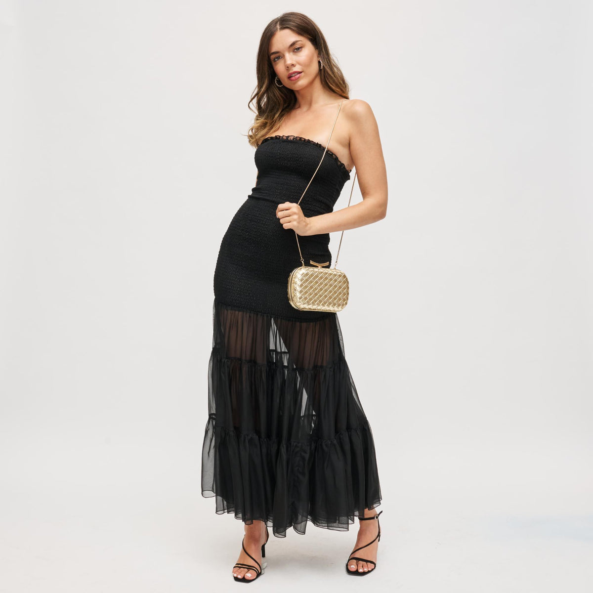 Woman wearing Gold Urban Expressions Allison Evening Bag 840611199874 View 3 | Gold