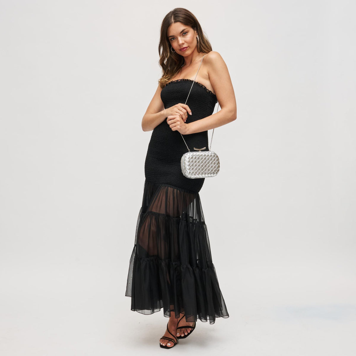 Woman wearing Silver Urban Expressions Allison Evening Bag 840611199881 View 3 | Silver