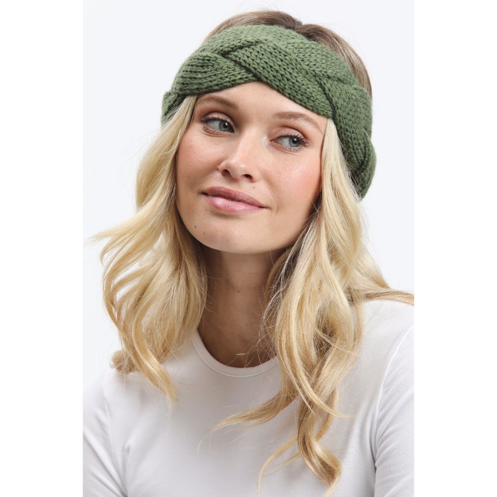 Woman wearing Olive Urban Expressions Woven Knitted Headband Headband 818209014922 View 1 | Olive