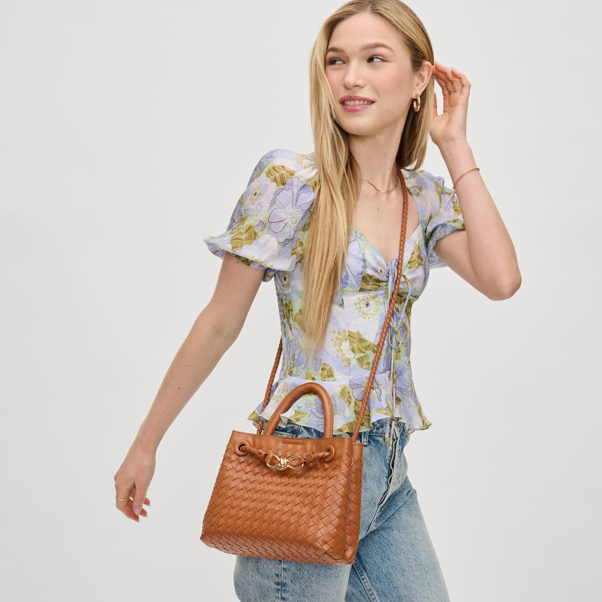 Woman wearing Tan Urban Expressions Blakely Crossbody 840611129031 View 1 | Tan