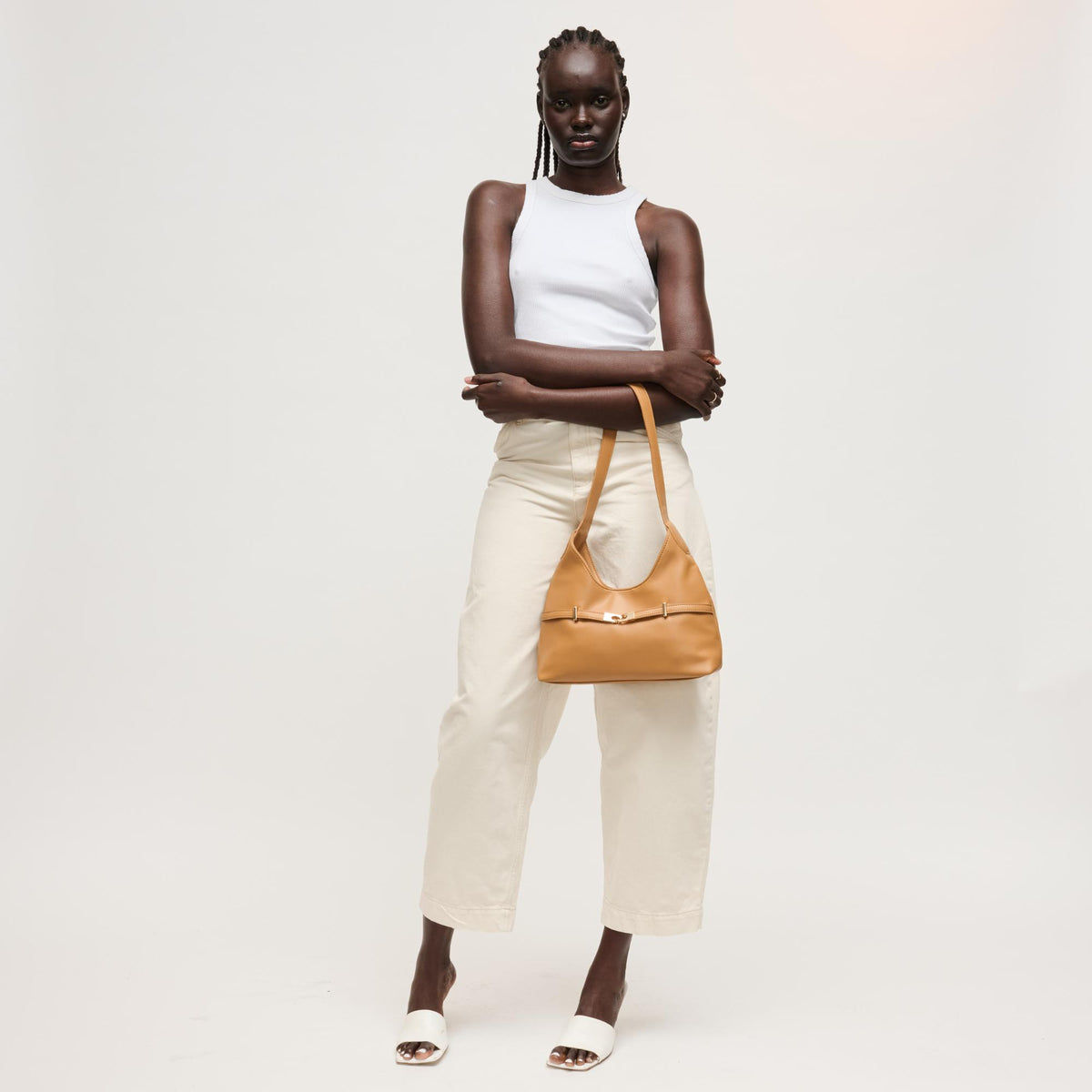 Woman wearing Camel Urban Expressions Camila Shoulder Bag 840504205866 View 3 | Camel