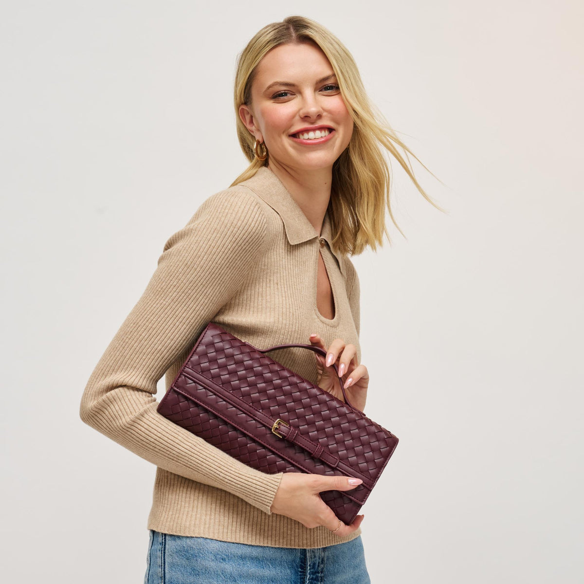 Woman wearing Wine Urban Expressions Emerson Crossbody 840611198334 View 1 | Wine