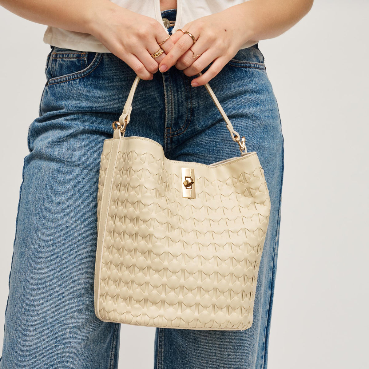 Woman wearing Oatmilk Urban Expressions Maverick Bucket 840504204968 View 2 | Oatmilk