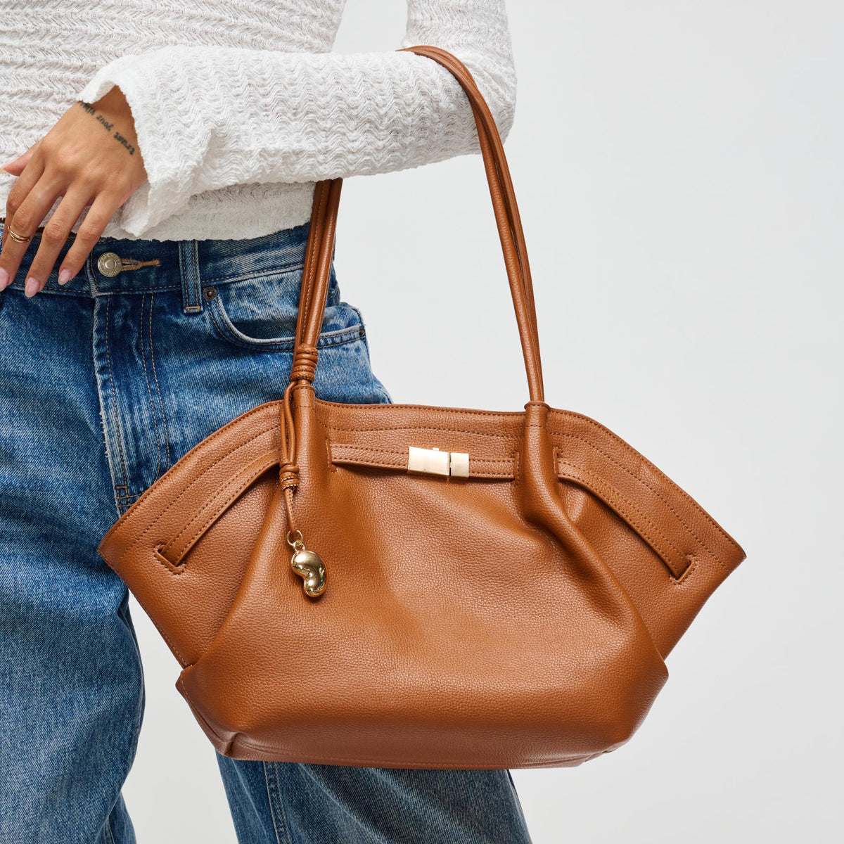 Woman wearing Tan Urban Expressions Monroe Satchel 840504200854 View 4 | Tan