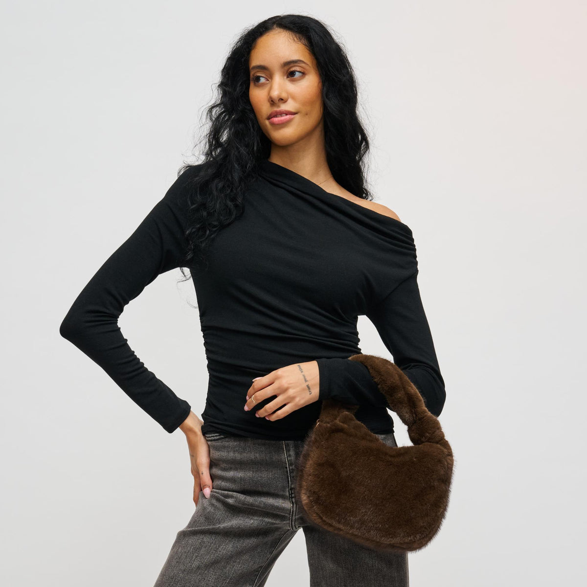 Woman wearing Chocolate Urban Expressions Monica - Faux Fur Crossbody 840611199539 View 1 | Chocolate