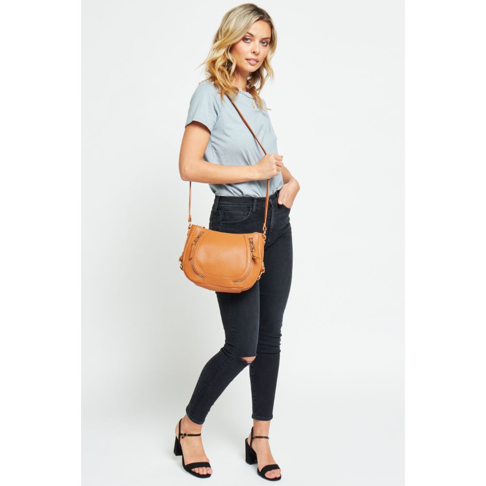 Woman wearing Tan Urban Expressions Sadie Crossbody 840611177131 View 2 | Tan