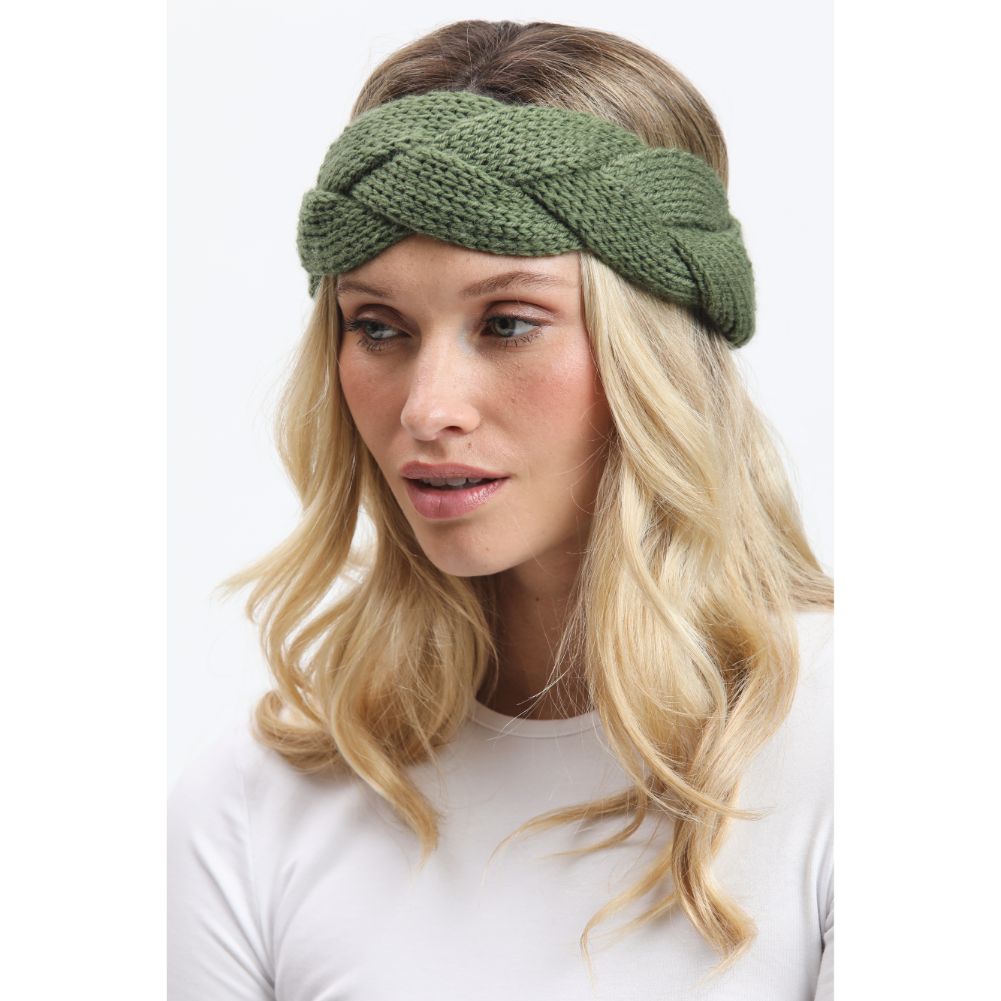 Woman wearing Olive Urban Expressions Woven Knitted Headband Headband 818209014922 View 2 | Olive