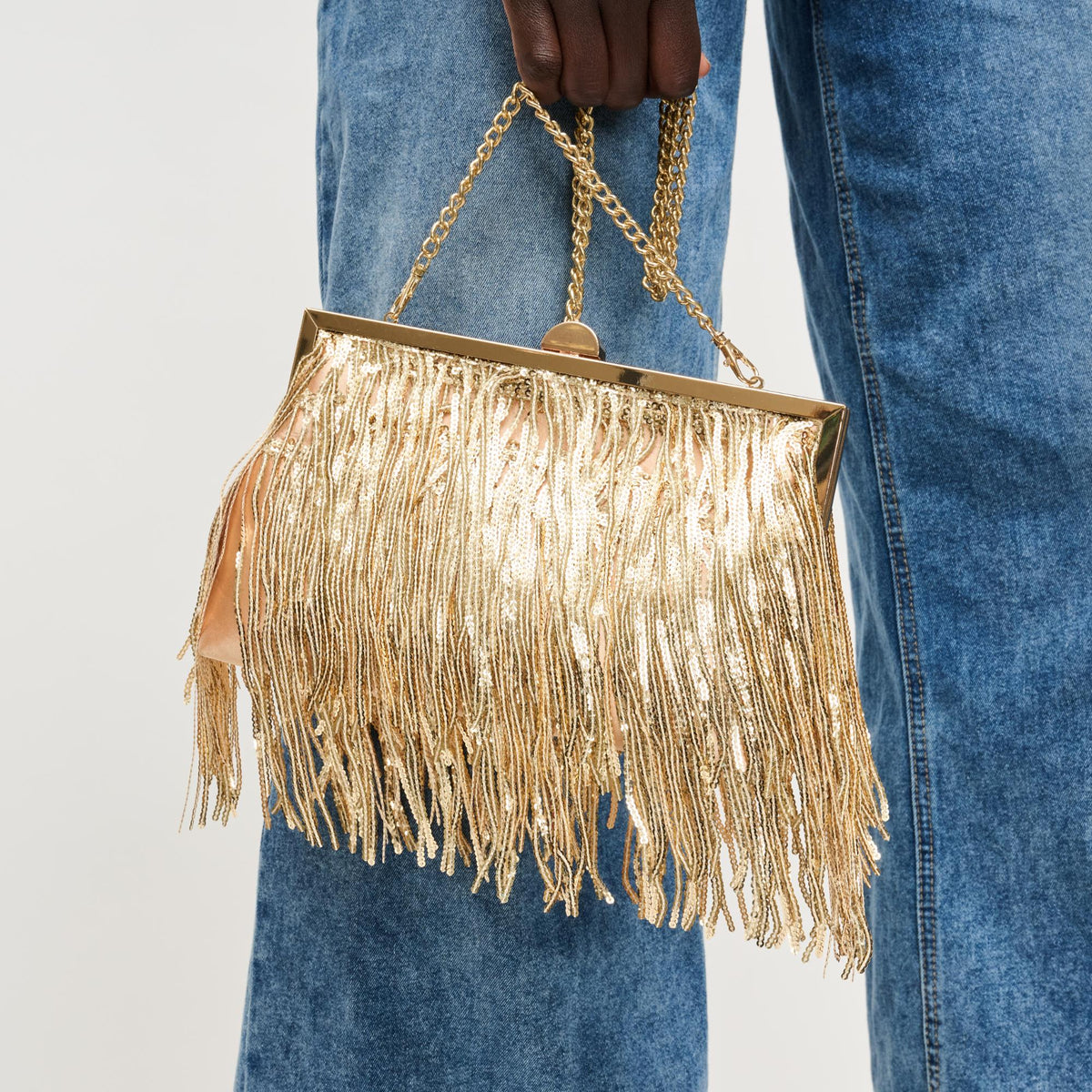 Woman wearing Gold Urban Expressions Celestia Evening Bag 840504206481 View 2 | Gold