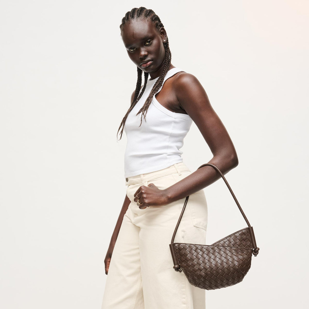 Woman wearing Chocolate Urban Expressions Oakley Shoulder Bag 840504204227 View 3 | Chocolate