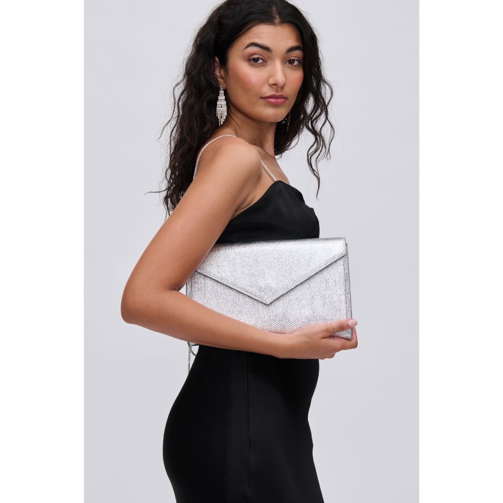 Woman wearing Silver Urban Expressions Riva Clutch 840611114556 View 2 | Silver