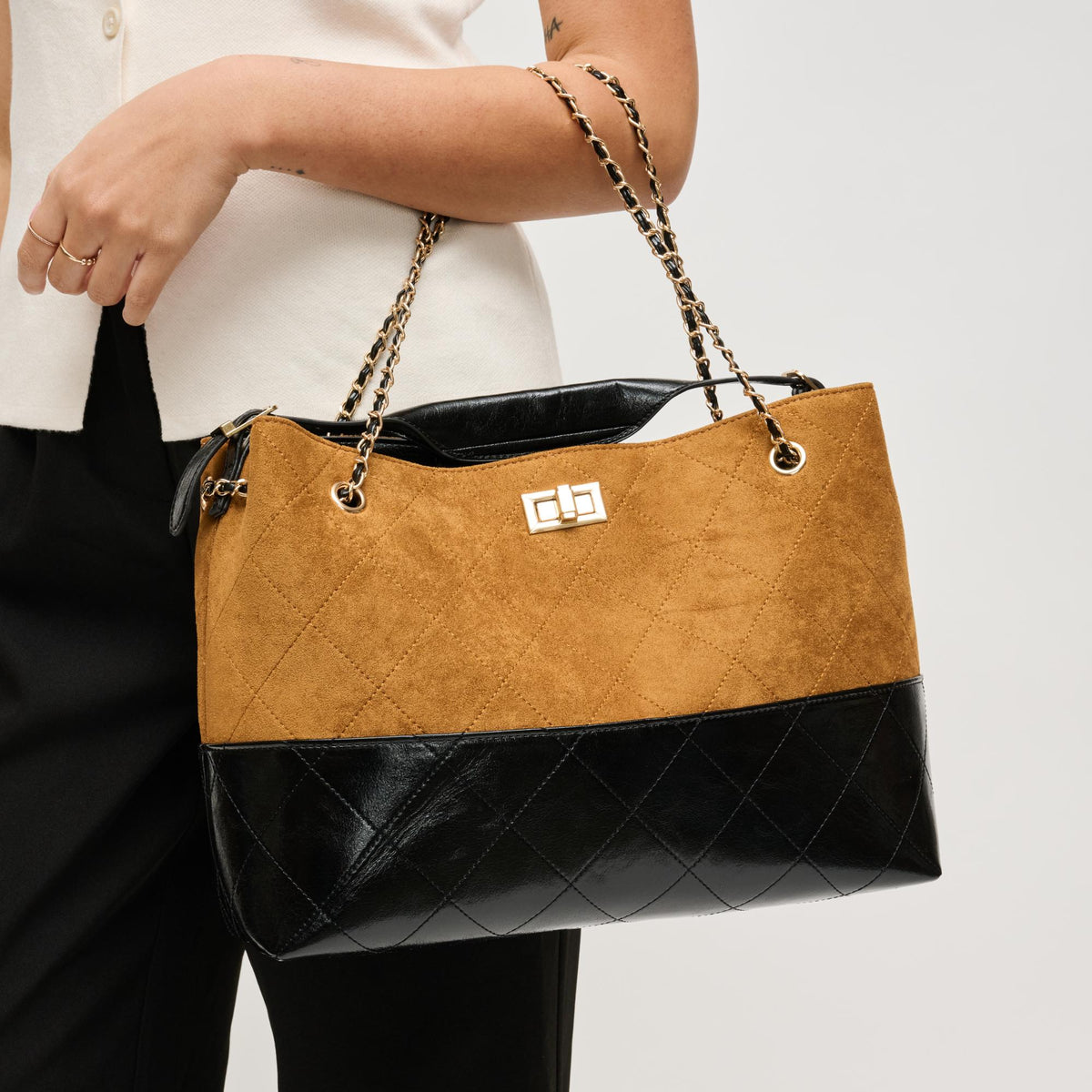 Woman wearing Tan Black Urban Expressions Eliana Tote 840504205552 View 3 | Tan Black