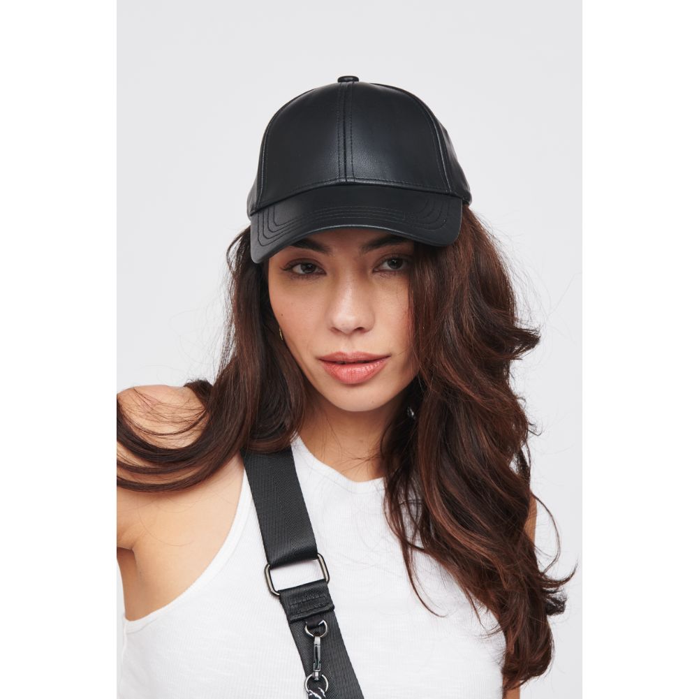 Woman wearing Black Urban Expressions Vegan Leather Baseball Hat Baseball Cap 818209014748 View 2 | Black