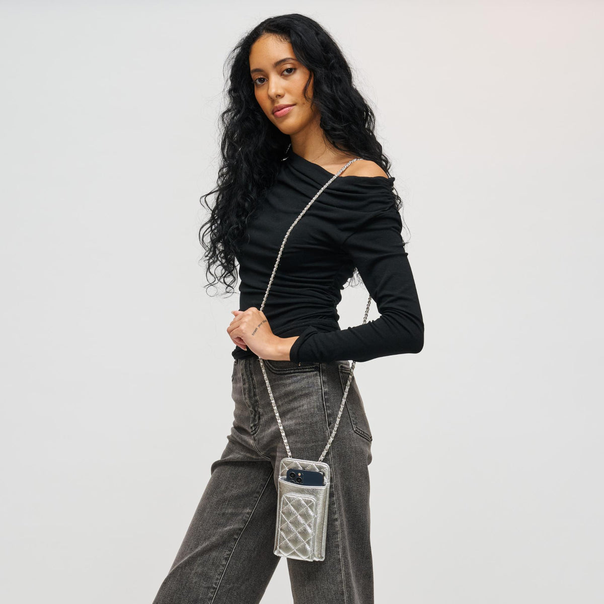 Woman wearing Silver Urban Expressions Brianna Cell Phone Crossbody 840504201370 View 2 | Silver