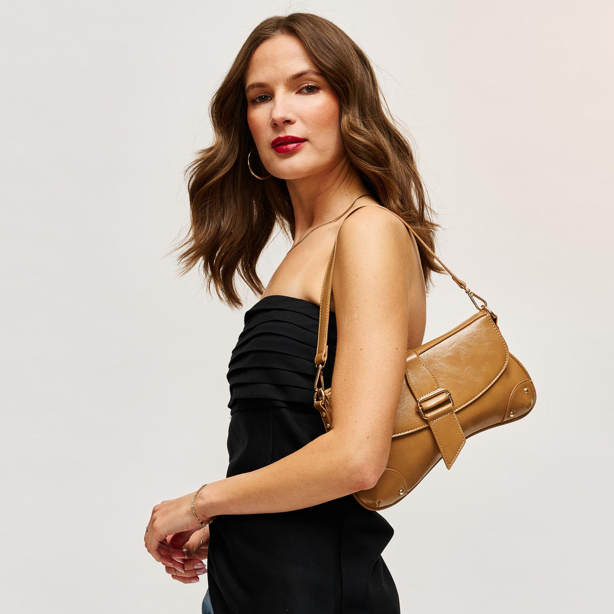 Woman wearing Camel Urban Expressions Hollee Crossbody 840504208553 View 3 | Camel