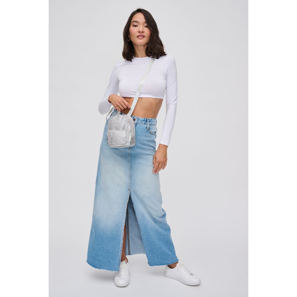 Woman wearing Silver Urban Expressions Frizzante Crossbody 840611121486 View 3 | Silver
