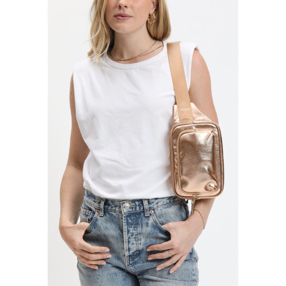Woman wearing Rose Gold Urban Expressions Minnie Belt Bag 840611120878 View 3 | Rose Gold