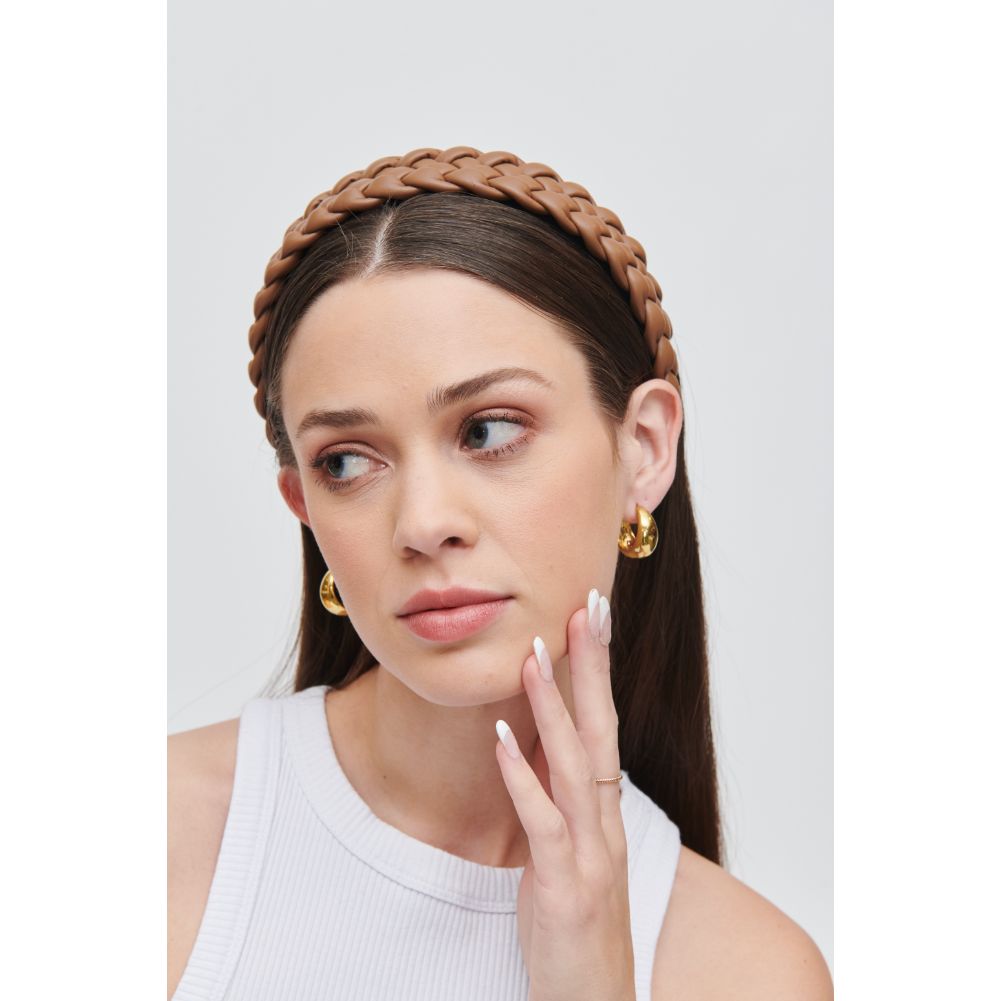 Woman wearing Mocha Urban Expressions Braided Vegan Leather Headband Headband 818209014304 View 1 | Mocha