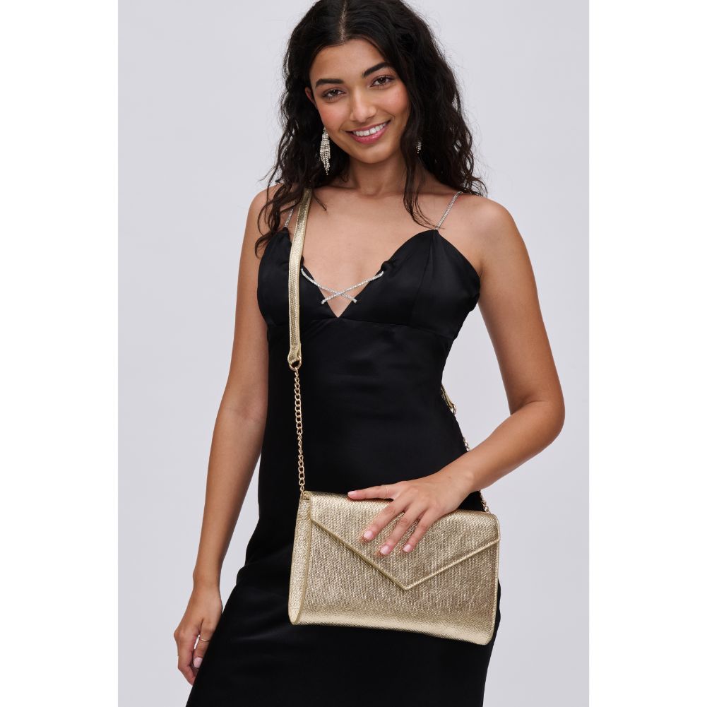 Woman wearing Gold Urban Expressions Riva Clutch 840611114549 View 3 | Gold