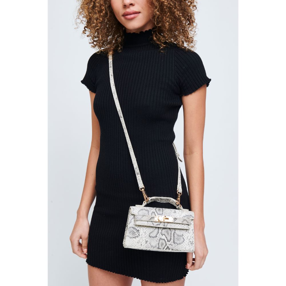 Woman wearing Ivory Black Urban Expressions Georgina Snake Crossbody 840611181282 View 1 | Ivory Black