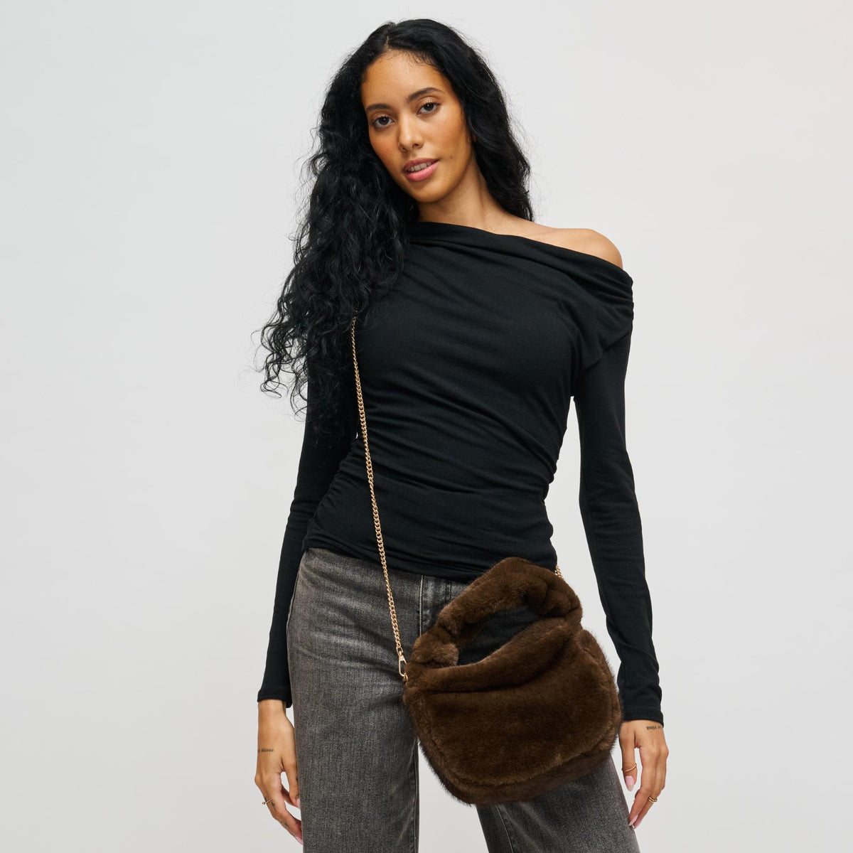 Woman wearing Chocolate Urban Expressions Monica - Faux Fur Crossbody 840611199539 View 2 | Chocolate