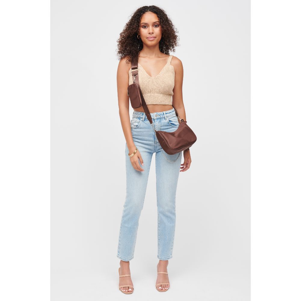Woman wearing Chocolate Urban Expressions Joss - Nylon Crossbody 840611173225 View 4 | Chocolate