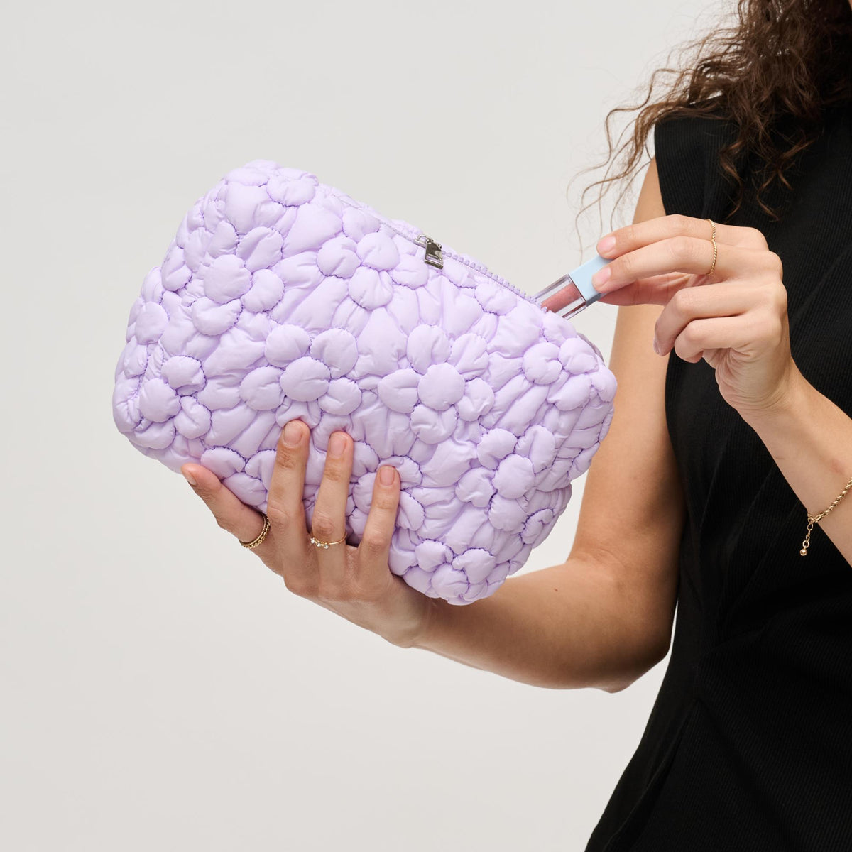 Woman wearing Lilac Urban Expressions Flora Pop - Nylon Cosmetic Pouch 840611144218 View 1 | Lilac