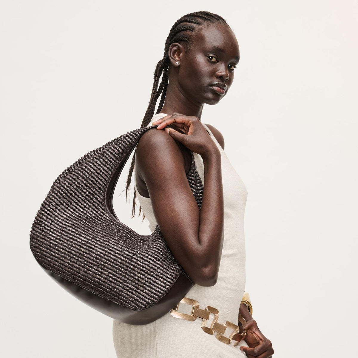 Woman wearing Chocolate Urban Expressions Zoey Tote 840504204746 View 2 | Chocolate
