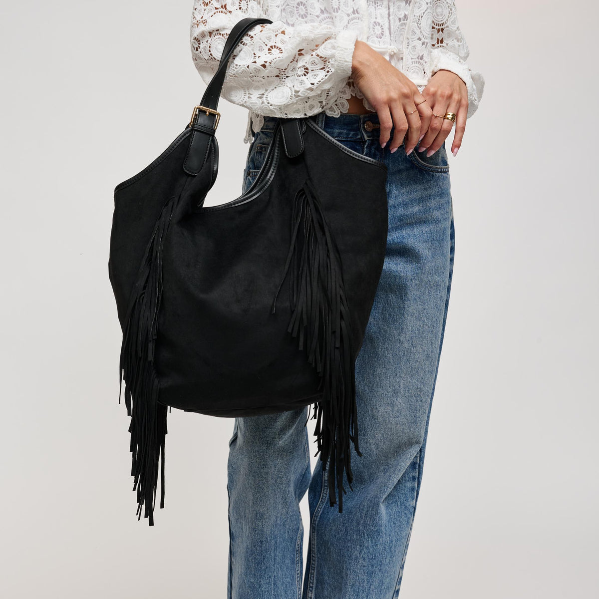 Woman wearing Black Urban Expressions Nyxie Tote 840504211546 View 2 | Black