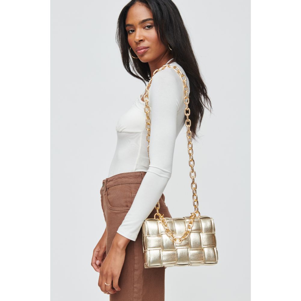 Woman wearing Gold Urban Expressions Ines Metallic Crossbody 840611100573 View 1 | Gold