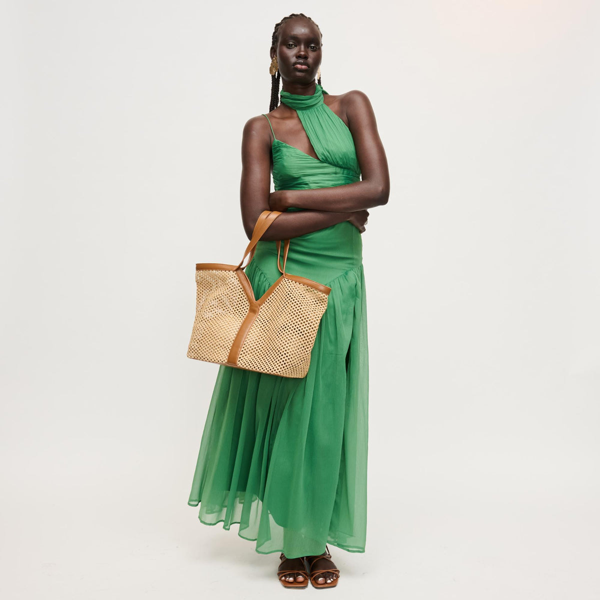 Woman wearing Natural Tan Urban Expressions Naida Tote 840504205910 View 3 | Natural Tan