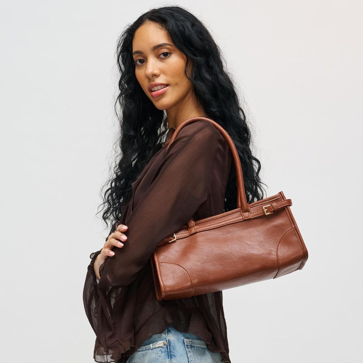 Woman wearing Cognac Urban Expressions Jade Crossbody 840611198259 View 4 | Cognac