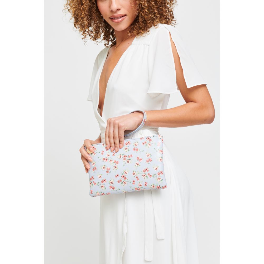 Woman wearing Powder Blue Urban Expressions Joan Floral Wristlet 840611181145 View 3 | Powder Blue
