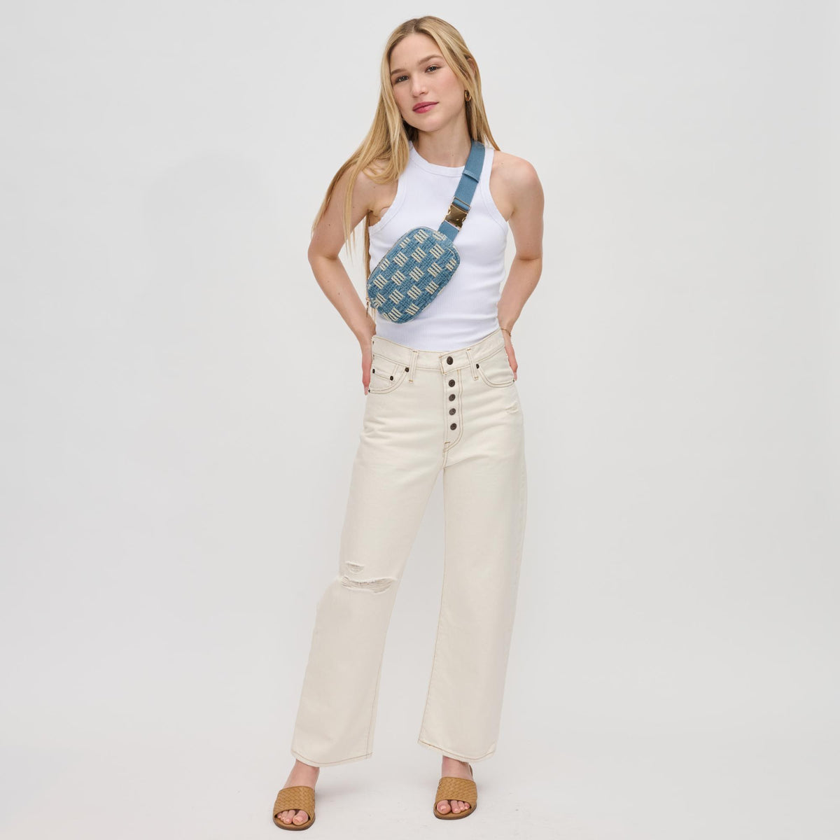Woman wearing Denim Urban Expressions Nala Belt Bag 840611191823 View 3 | Denim