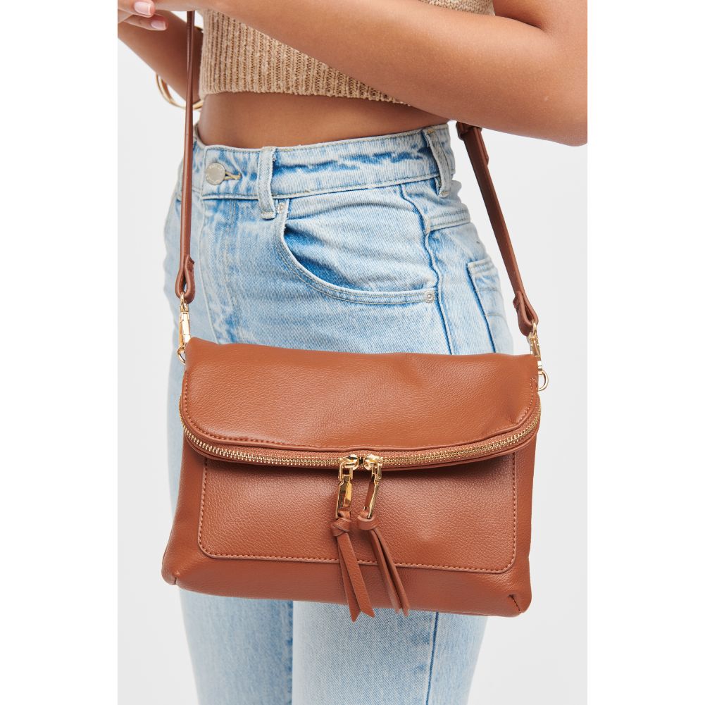 Woman wearing Tan Urban Expressions Debra Crossbody 840611184672 View 2 | Tan