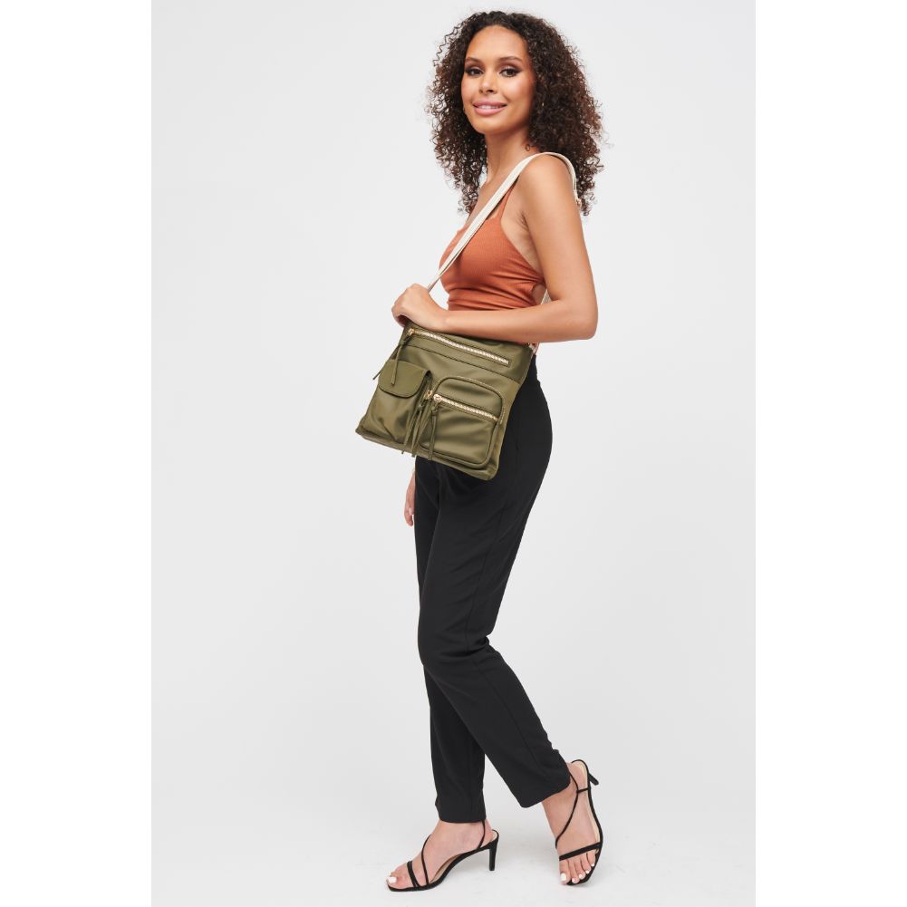 Woman wearing Olive Urban Expressions Shay Messenger 840611182869 View 3 | Olive