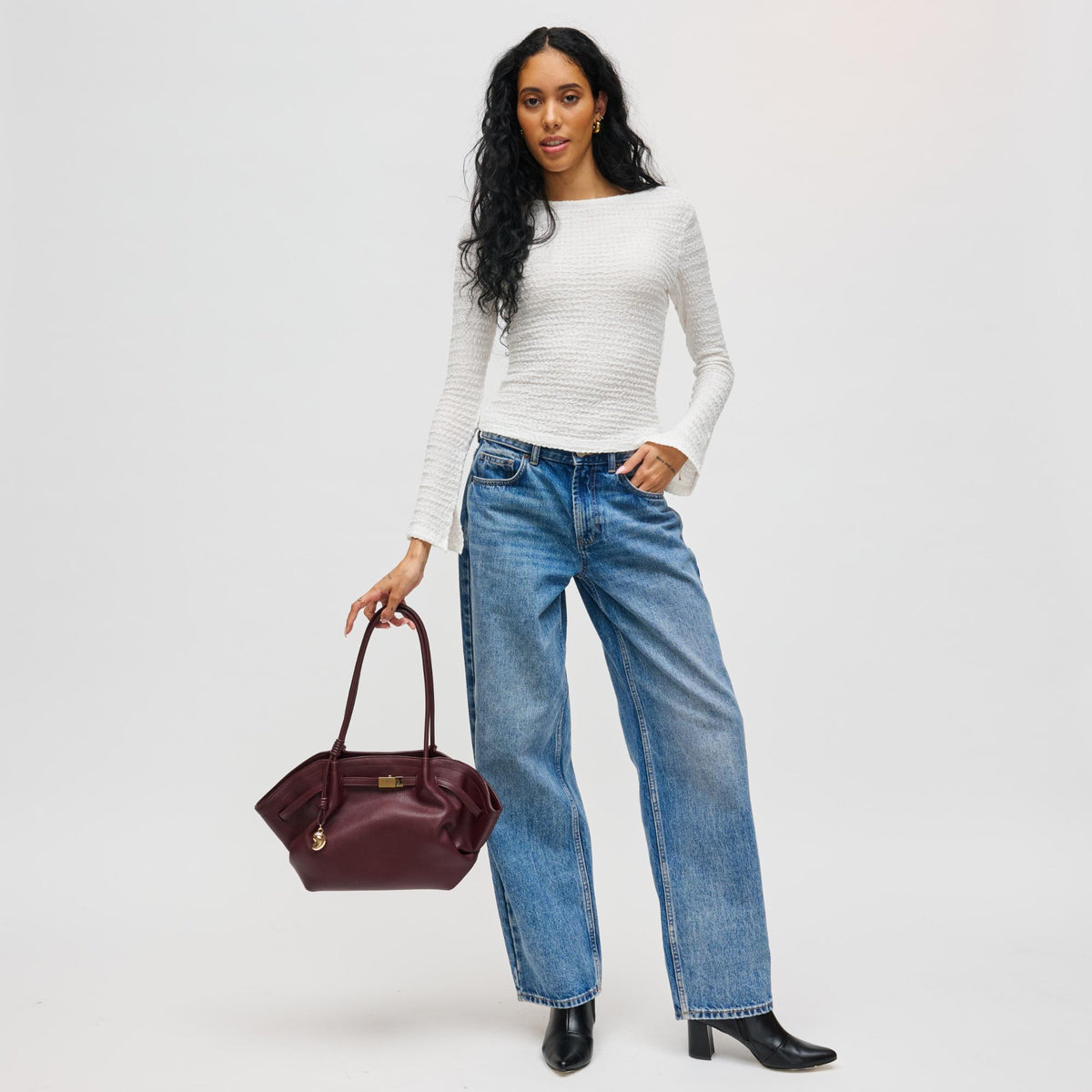 Woman wearing Wine Urban Expressions Monroe Satchel 840504200830 View 3 | Wine