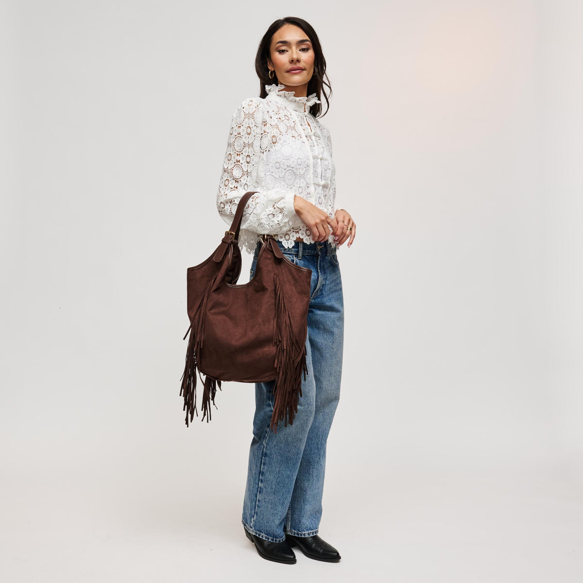 Woman wearing Chocolate Urban Expressions Nyxie Tote 840504211553 View 4 | Chocolate