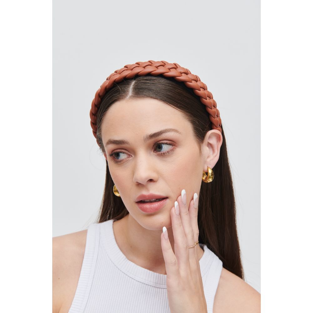 Woman wearing Chocolate Urban Expressions Braided Vegan Leather Headband Headband 818209014298 View 1 | Chocolate