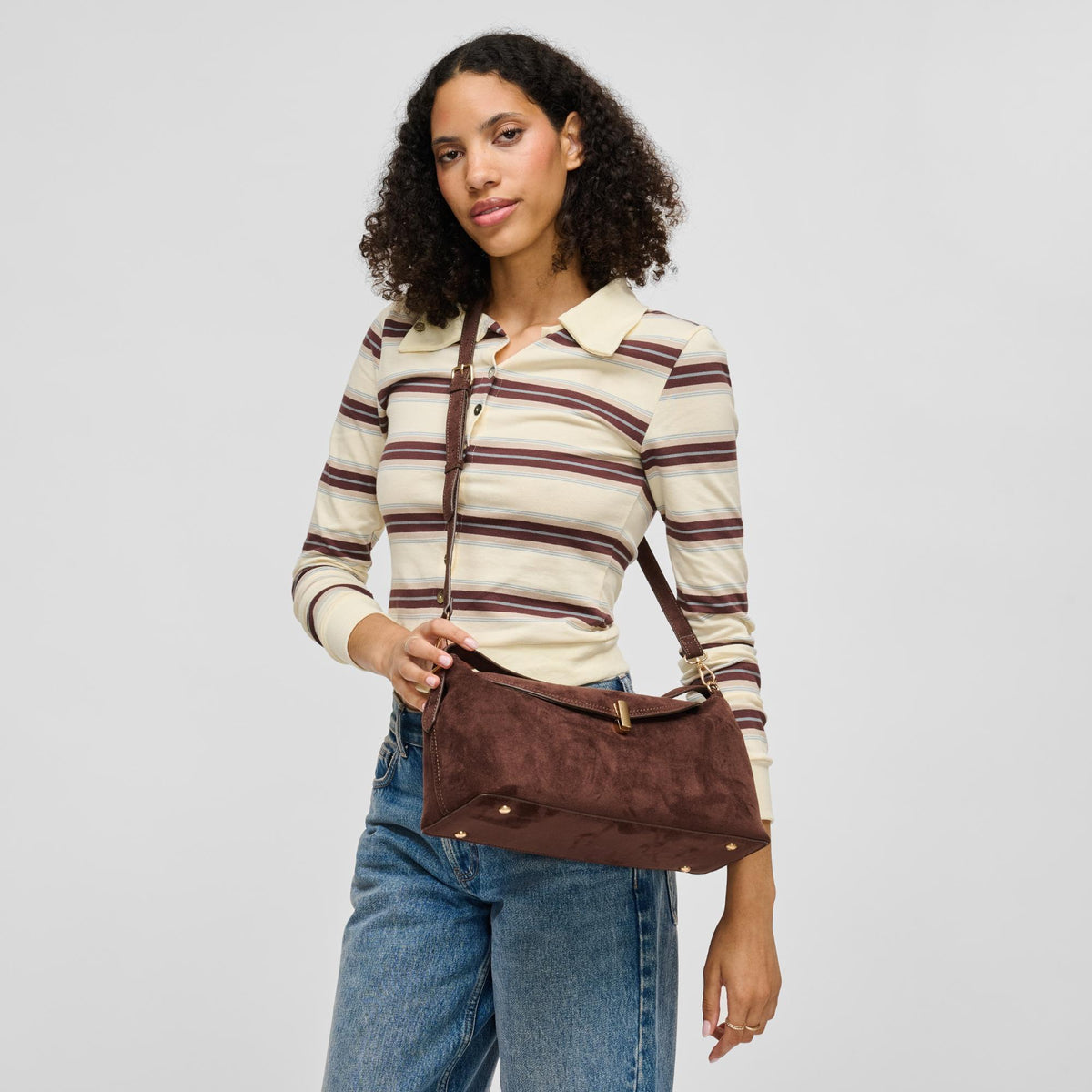 Woman wearing Chocolate Urban Expressions Evermore Crossbody 840504212826 View 2 | Chocolate