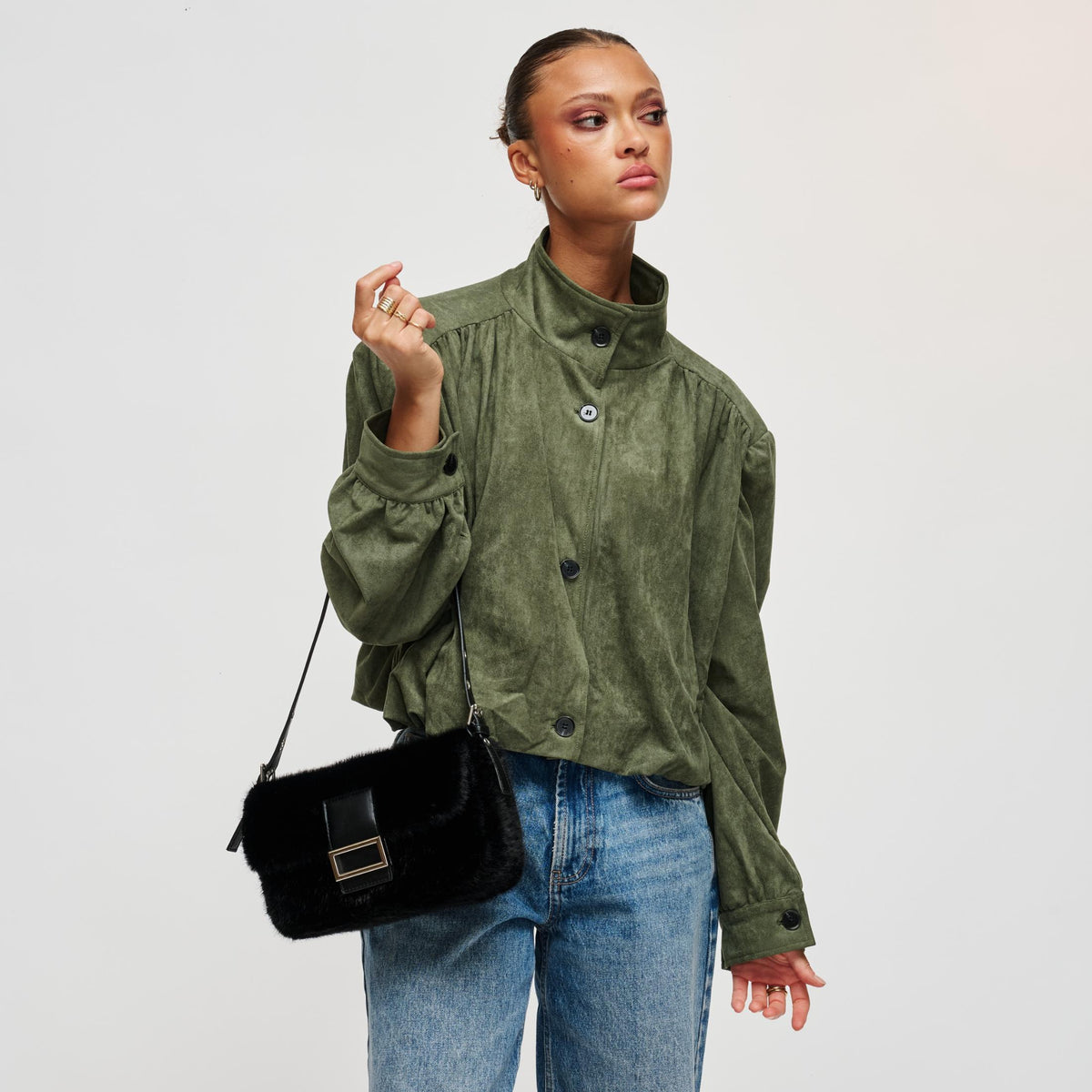 Woman wearing Black Urban Expressions Beverly - Faux Fur Crossbody 840504212475 View 2 | Black