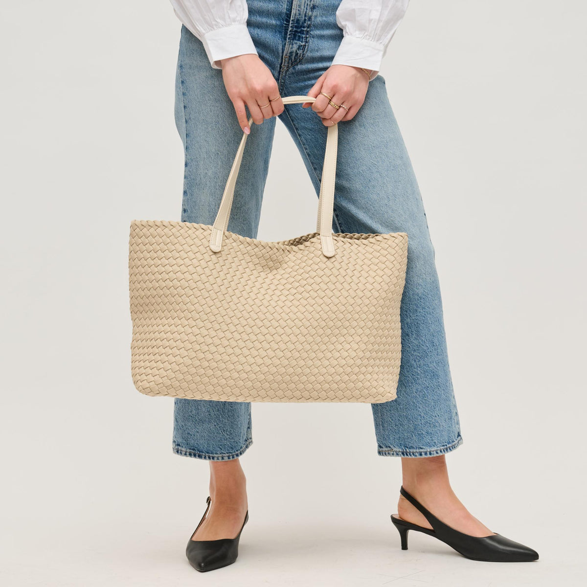 Woman wearing Cream Urban Expressions Evie Tote 840611146793 View 3 | Cream