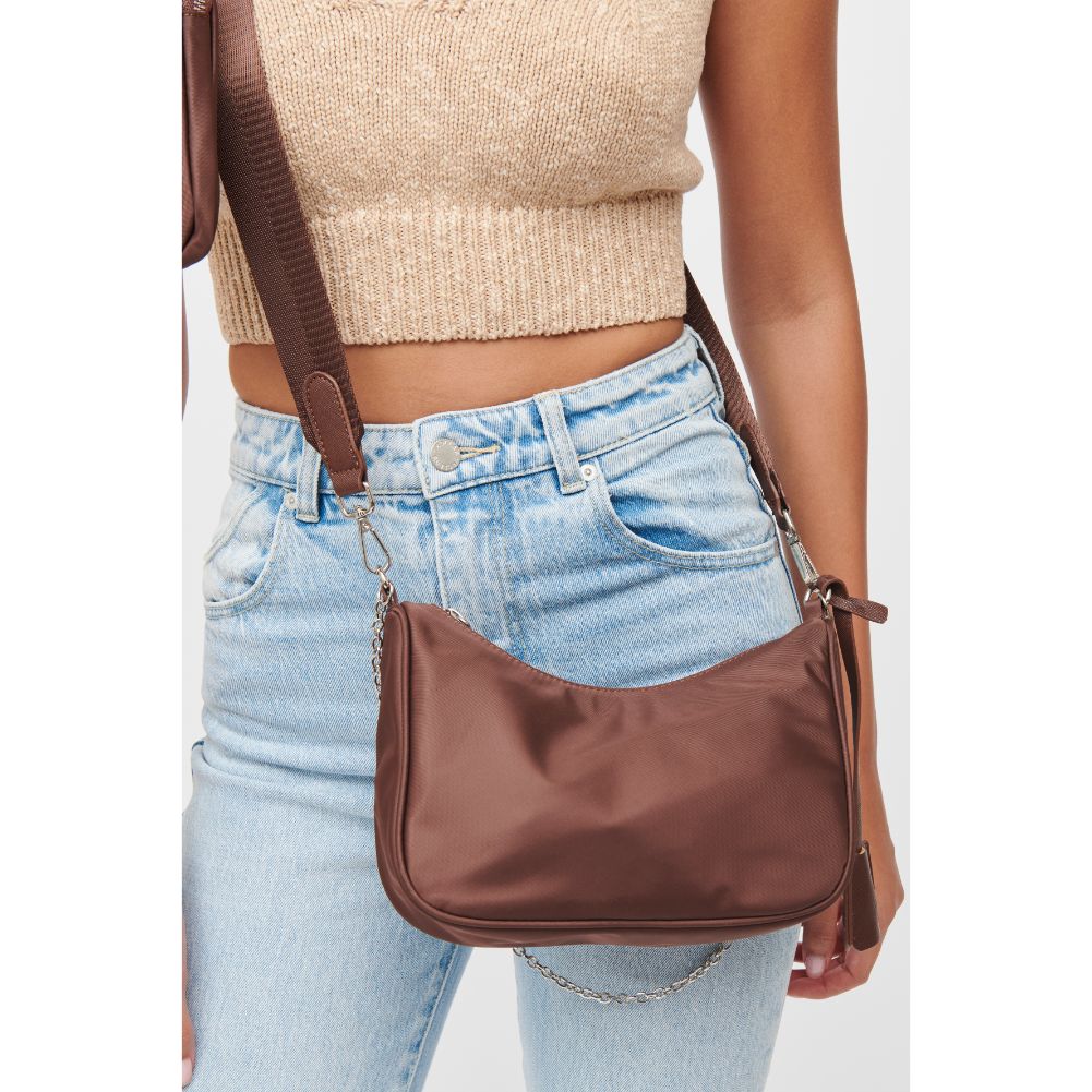 Woman wearing Chocolate Urban Expressions Joss - Nylon Crossbody 840611173225 View 2 | Chocolate