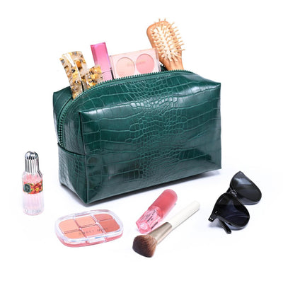 Woman wearing Emerald Urban Essentials Croc Chic Cosmetic & Travel Organizer Pouch 840504210563 View 1 | Emerald