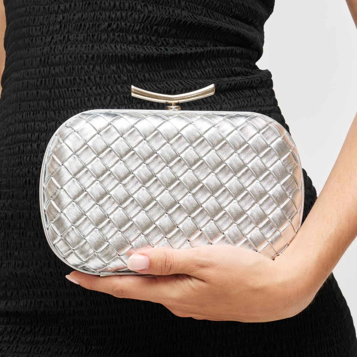 Woman wearing Silver Urban Expressions Allison Evening Bag 840611199881 View 4 | Silver